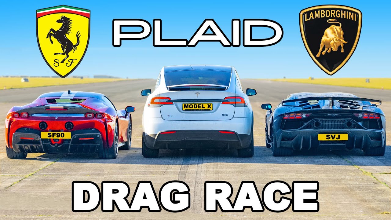 Carwow Drag Races a Model X PLAID vs  Aventador SVJ vs Ferrari SF90