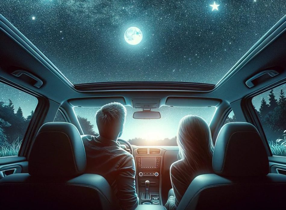 Young couple stargazing from inside their car