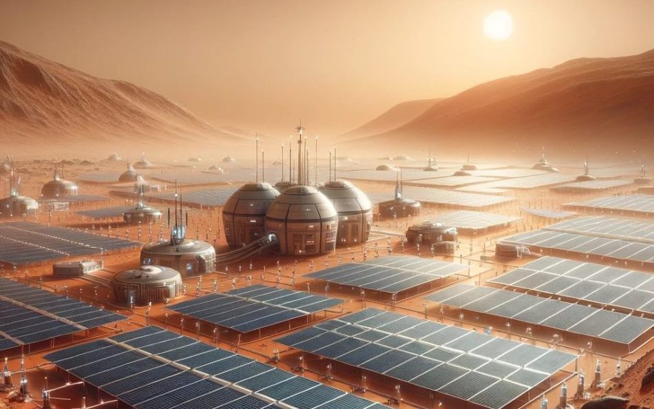futuristic solar farm on the surface of Mars