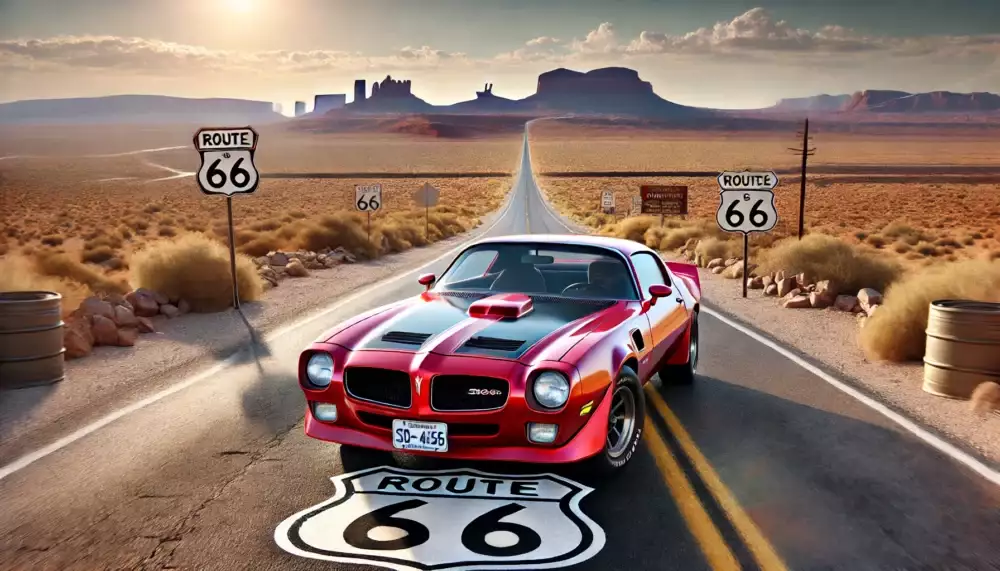 a 1974 Pontiac Firebird Trans Am SD 455 driving on Route 66