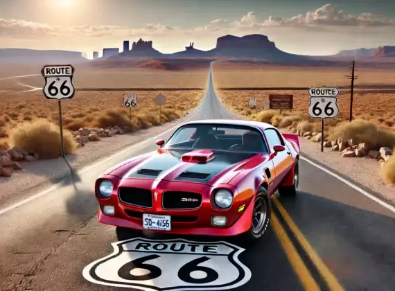 a 1974 Pontiac Firebird Trans Am SD 455 driving on Route 66