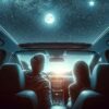 Young couple stargazing from inside their car
