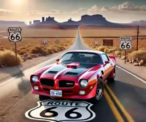 a 1974 Pontiac Firebird Trans Am SD 455 driving on Route 66